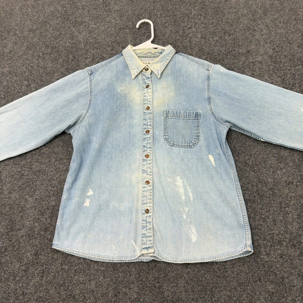 Vintage LL Bean Denim Shirt Womens M Blue Cotton Distressed Workwear Grunge